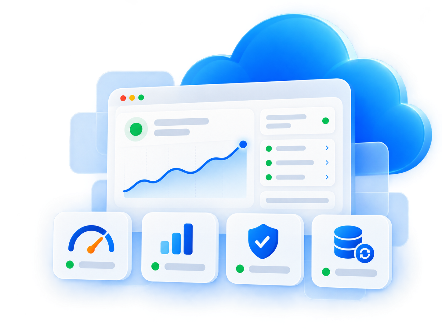 Panel de hosting cloud con indicadores de velocidad, rendimiento, seguridad y copias de respaldo
