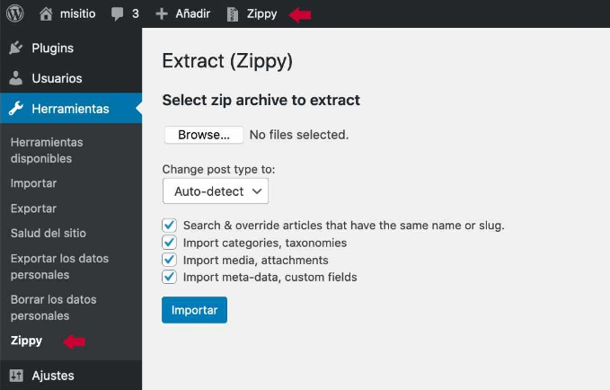 importar-exportar-wordpress-zippy